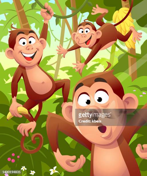 cheerful monkeys in the jungle - ape stock illustrations