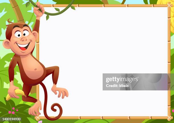 affe schwingt vor einem schild - safari stock-grafiken, -clipart, -cartoons und -symbole