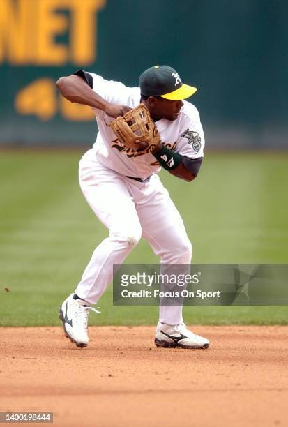 Miguel Tejada of the Oakland Athletics in action against the Atlanta Braves during a Major League Baseball game June 13, 2003 at the Oakland-Alameda...