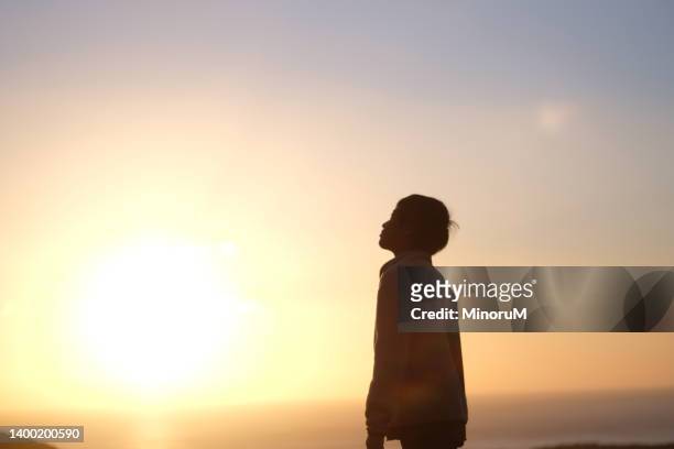 silhouette of boy in morning glow - boy thinking stockfoto's en -beelden