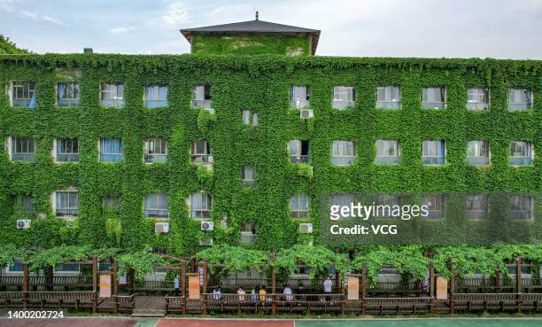 The facade of a teaching building is covered in ivy at a primary school on May 31, 2022 in Xiangyang, Hubei Province of China.