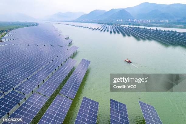 Aerial view of China's first solar-tidal photovoltaic power plant on May 30, 2022 in Wenling, Zhejiang Province of China. The hybrid energy power...