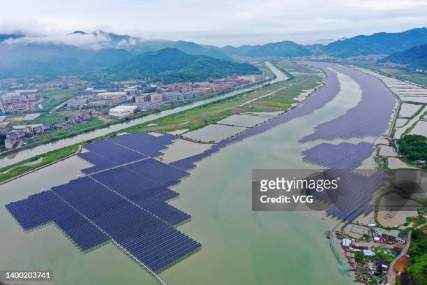 Aerial view of China's first solar-tidal photovoltaic power plant on May 30, 2022 in Wenling, Zhejiang Province of China. The hybrid energy power...