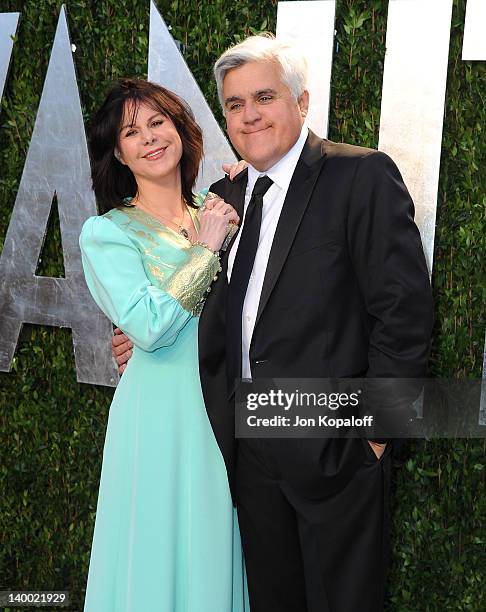 Jay Leno and wife Mavis Leno attend the 2012 Vanity Fair Oscar Party at Sunset Tower on February 26, 2012 in West Hollywood, California.