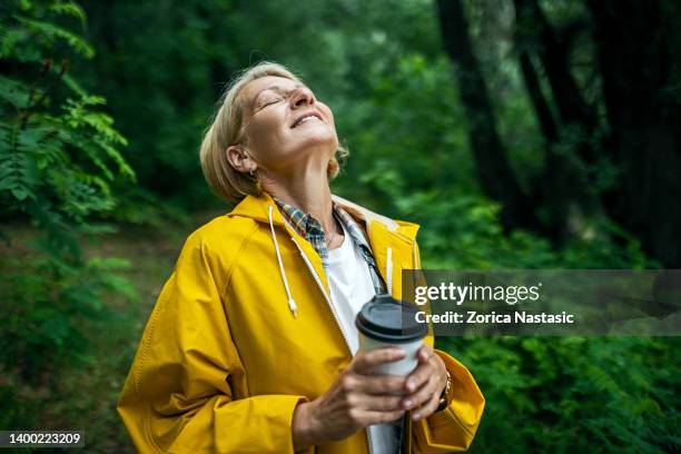 female hiker in a yellow raincoat exploring forest drinking hot drink - eyes closed bildbanksfoton och bilder