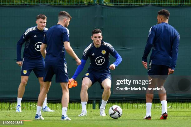 Andrew Robertson of Scotland looks on during a Scotland Training Session at Oriam High Performance Centre on May 31, 2022 in Edinburgh, Scotland.