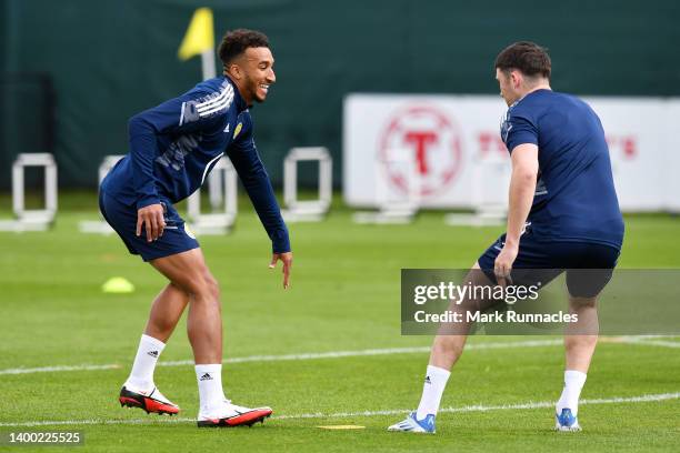 Jacob Brown of Scotland reacts during a Scotland Training Session at Oriam High Performance Centre on May 31, 2022 in Edinburgh, Scotland.