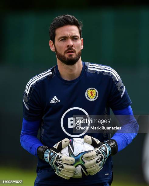 Craig Gordon of Scotland looks on during a Scotland Training Session at Oriam High Performance Centre on May 31, 2022 in Edinburgh, Scotland.