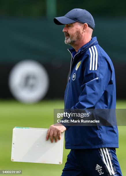 Steve Clarke, Head Coach of Scotland looks on during a Scotland Training Session at Oriam High Performance Centre on May 31, 2022 in Edinburgh,...