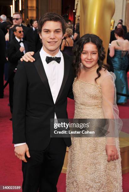 Actor Nick Krause and actress Amara Miller arrives at the 84th Annual Academy Awards held at the Hollywood & Highland Center on February 26, 2012 in...