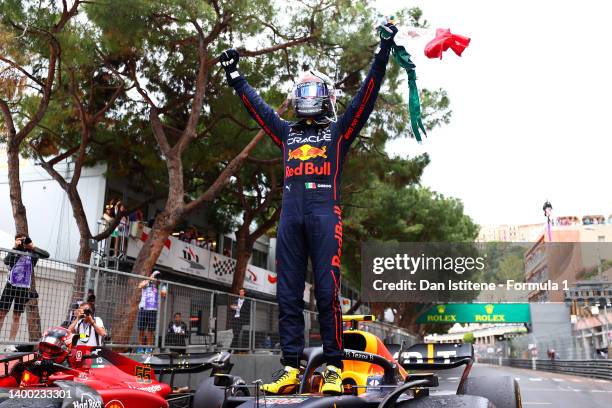 Race winner Sergio Perez of Mexico and Oracle Red Bull Racing celebrates in parc ferme after the F1 Grand Prix of Monaco at Circuit de Monaco on May...