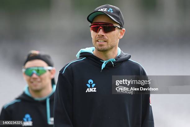 Tim Southee of New Zealand looks on during a New Zealand Training Session at Lord's Cricket Ground on May 31, 2022 in London, England.