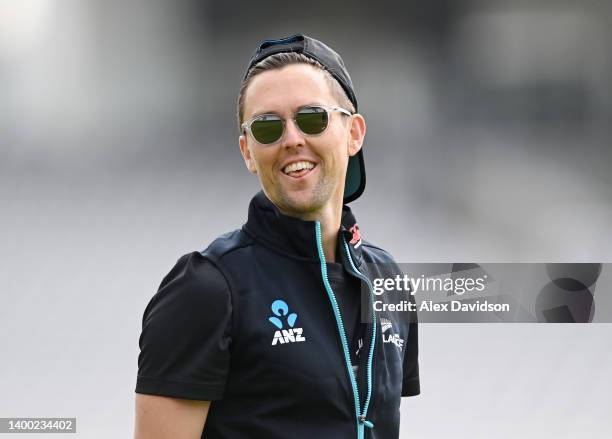 Trent Boult of New Zealand looks on during a New Zealand Training Session at Lord's Cricket Ground on May 31, 2022 in London, England.