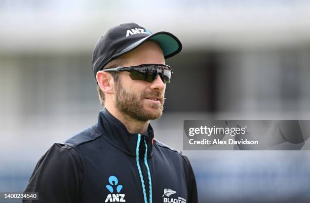 Kane Williamson of New Zealand looks on during a New Zealand Training Session at Lord's Cricket Ground on May 31, 2022 in London, England.