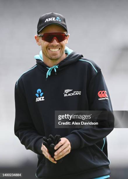 Tim Southee of New Zealand reacts during a New Zealand Training Session at Lord's Cricket Ground on May 31, 2022 in London, England.