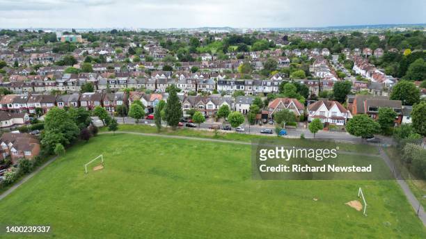 local football - aerial view of football field stockfoto's en -beelden