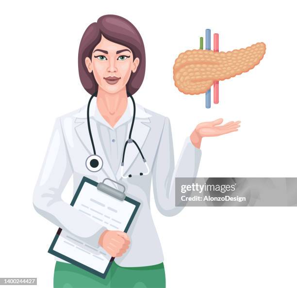 illustrazioni stock, clip art, cartoni animati e icone di tendenza di medico femminile che mostra e analizza l'intestino crasso. - tumore pancreas