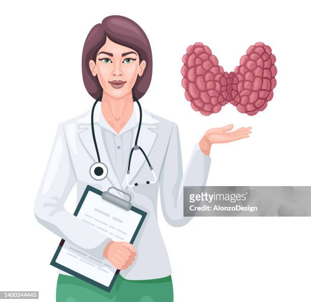 stockillustraties, clipart, cartoons en iconen met female doctor showing thyroid. - human gland