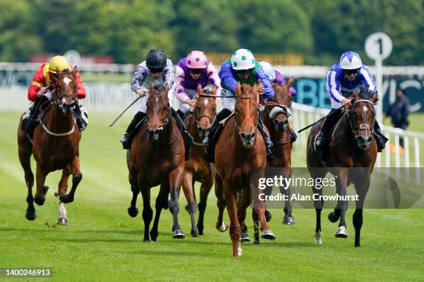 Sean Levey riding Isac Shelby win The Get A Run For Your Money At BetVictor Maiden Stakes at Newbury Racecourse on May 31, 2022 in Newbury, England.