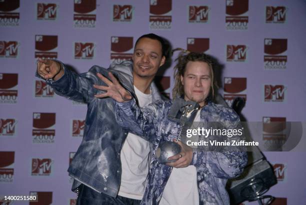 Finnish hip hop band Bomfunk MC's in the press room of the 2000 MTV Europe Music Awards, held at the Ericsson Globe in Stockholm, Sweden, 16th...