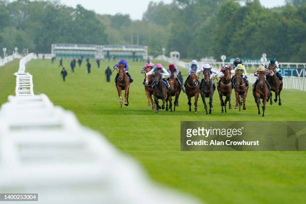 William Buick riding Sydneyarms Chelsea win The Get A Run For Your Money At BetVictor Maiden Stakes at Newbury Racecourse on May 31, 2022 in Newbury,...