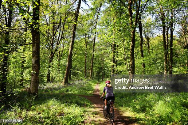 solo female cyclist takes the road less travelled - dumfries and galloway stock pictures, royalty-free photos & images