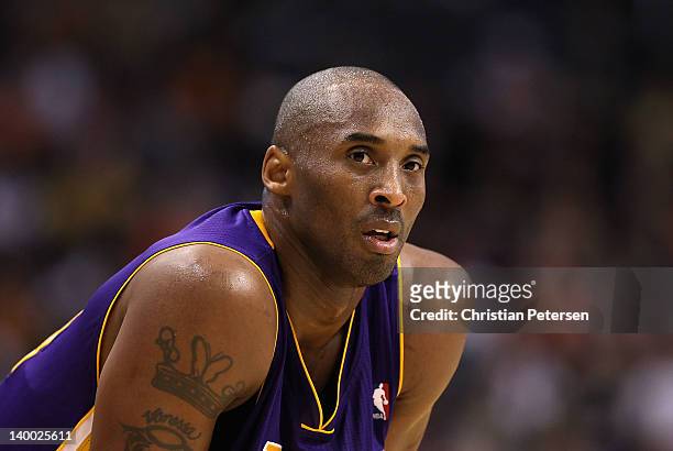 Kobe Bryant of the Los Angeles Lakers during the NBA game against the Phoenix Suns at US Airways Center on February 19, 2012 in Phoenix, Arizona. The...