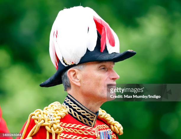 Rupert Ponsonby, Lord de Mauley rides, on horseback, down The Mall after taking part in the Colonel's Review at Horse Guards Parade on May 28, 2022...