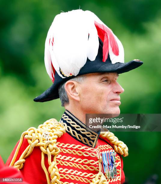Rupert Ponsonby, Lord de Mauley rides, on horseback, down The Mall after taking part in the Colonel's Review at Horse Guards Parade on May 28, 2022...