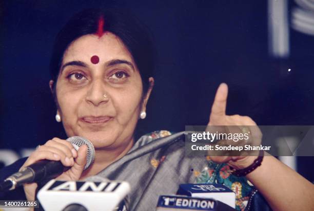 Minister of Information and Broadcasting Susma Swaraj at a press conference answering queries about the proposed new Media Centre in New Delhi on...