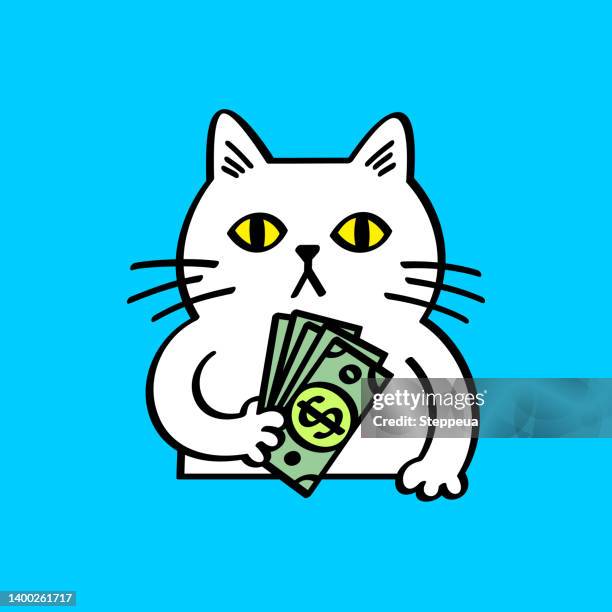 white cat holding stack of dollars - wit stock illustrations