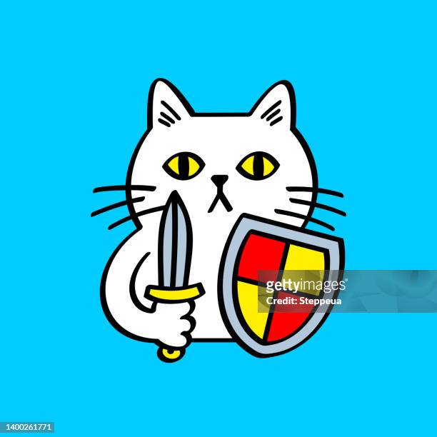 white cat with shield and sword - military logo stock illustrations