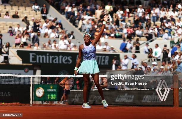 Coco Gauff of The United States celebrates after winning match point against Sloane Stephens of The United States during the Women's Singles Quarter...
