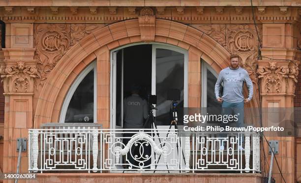 Jonny Bairstow of England looks on from the dressing room balcony before a training session before Thursday's first Test against New Zealand at...
