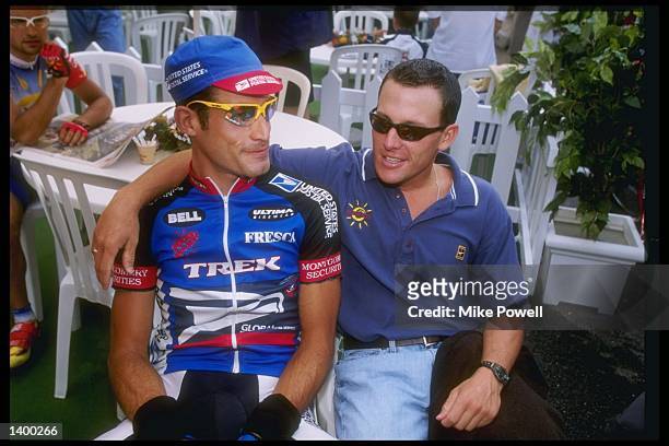 George Hincapie and Lance Armstrong of the United States look on during Stage Nine of the Tour de France between Pau and Loudenvielle, France....
