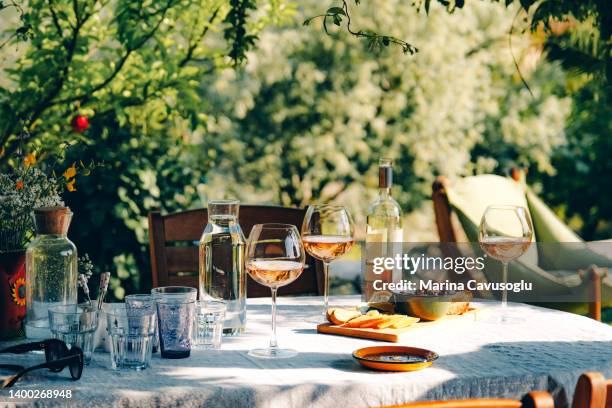 wine glasses and appetisers on the table - vineyard ストックフォトと画像