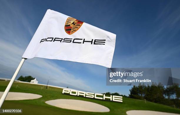 Porsche branding on the 18th hole prior to the Porsche European Open at Green Eagle Golf Course on May 31, 2022 in Hamburg, Germany.