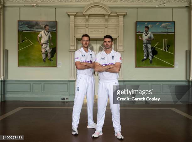 England bowlers Stuart Broad and James Anderson pose for a portrait in the long room at Lord's Cricket Ground on May 31, 2022 in London, England.
