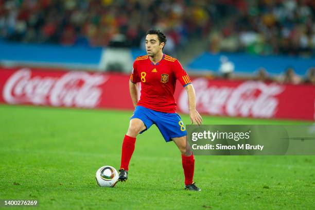 Xavi Hernandez of Spain in action during the World Cup Semi Final match between Spain and Germany at the Durban Stadium on July 7, 2010 in Durban,...