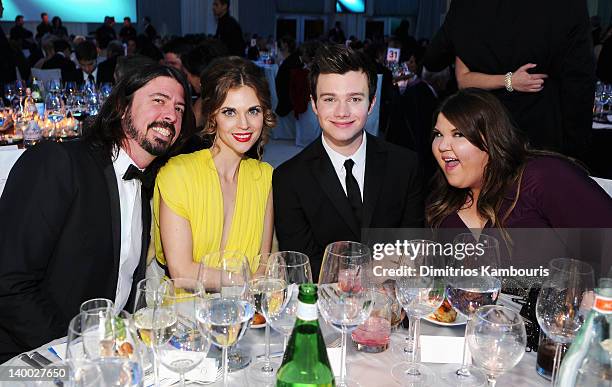 Singer Dave Grohl and wife Jordyn Blum with Actor Chris Colfer and Actress Ashley Fink attend the 20th Annual Elton John AIDS Foundation Academy...