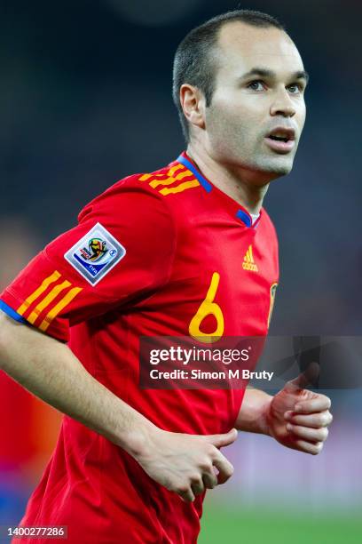 Andres lniesta of Spain in action during the World Cup Semi Final match between Spain and Germany at the Durban Stadium on July 7, 2010 in Durban,...