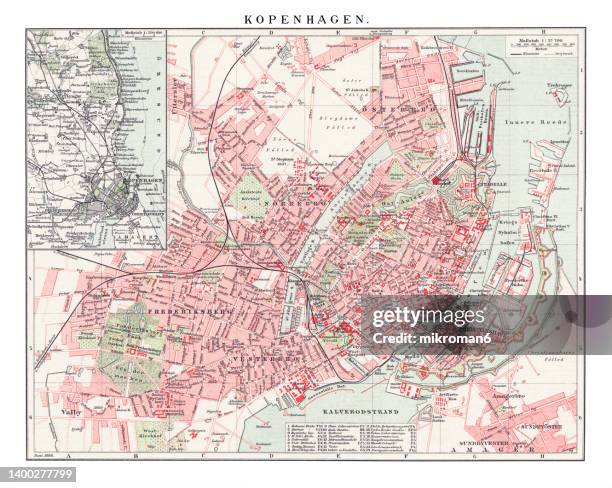 old engraved map of copenhagen, capital and most populous city of denmark - map copenhagen stock-fotos und bilder