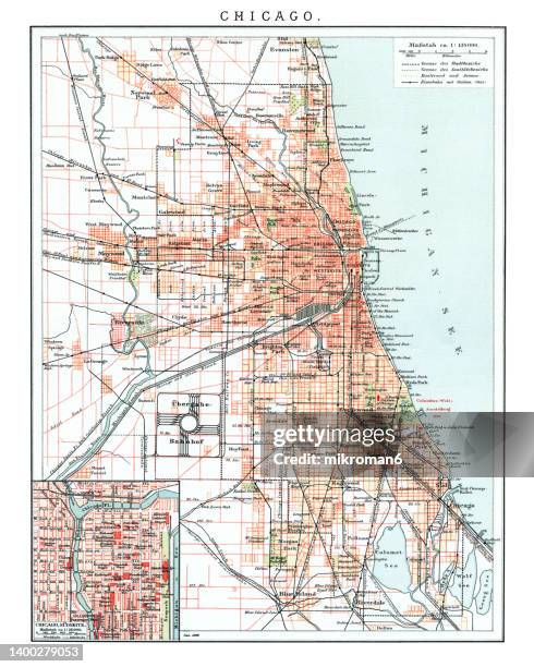 old lithograph map of chicago, usa - chicago map stockfoto's en -beelden