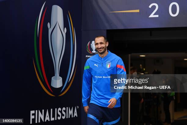 Giorgio Chiellini of Italy enters the pitch to warm up prior to the Italy Training Session at Wembley Stadium on May 31, 2022 in London, England.