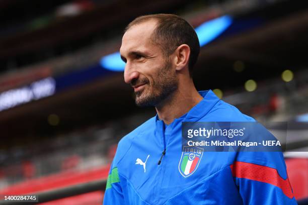 Giorgio Chiellini of Italy enters the pitch to warm up prior to the Italy Training Session at Wembley Stadium on May 31, 2022 in London, England.