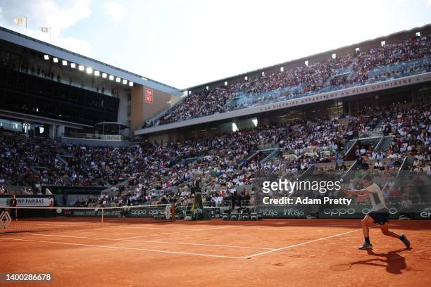 General view of Court Philippe-Chatrier as Carlos Alcaraz of Spain plays a backhand against Alexander Zverev of Germany during the Men's Singles...