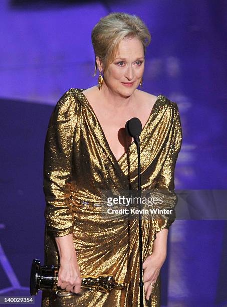 Actress Meryl Streep accepts the Best Actress Award for 'The Iron Lady' onstage during the 84th Annual Academy Awards held at the Hollywood &...