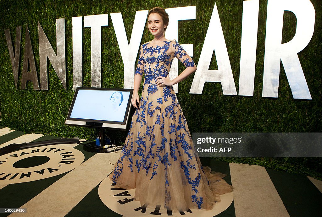 Lily Collins arrives at the Vanity Fair