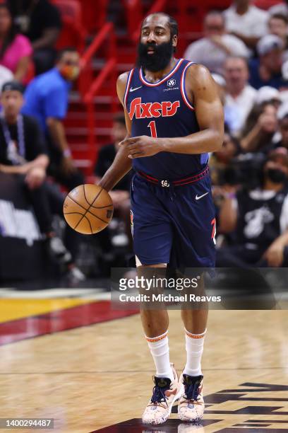 James Harden of the Philadelphia 76ers dribbles against the Miami Heat during the first half in Game Five of the Eastern Conference Semifinals at FTX...