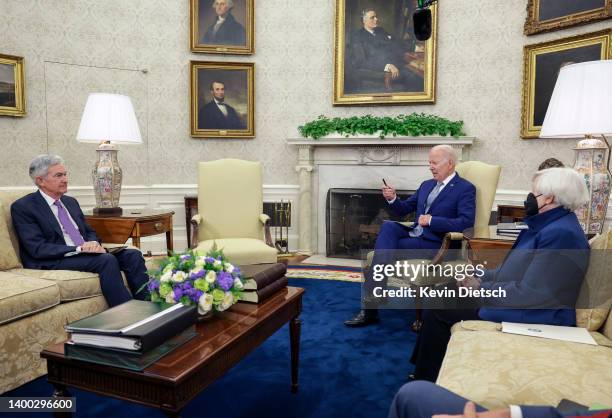 President Joe Biden meets with Federal Reserve Chairman Jerome Powell and Treasury Secretary Janet Yellen, in the Oval Office at the White House on...